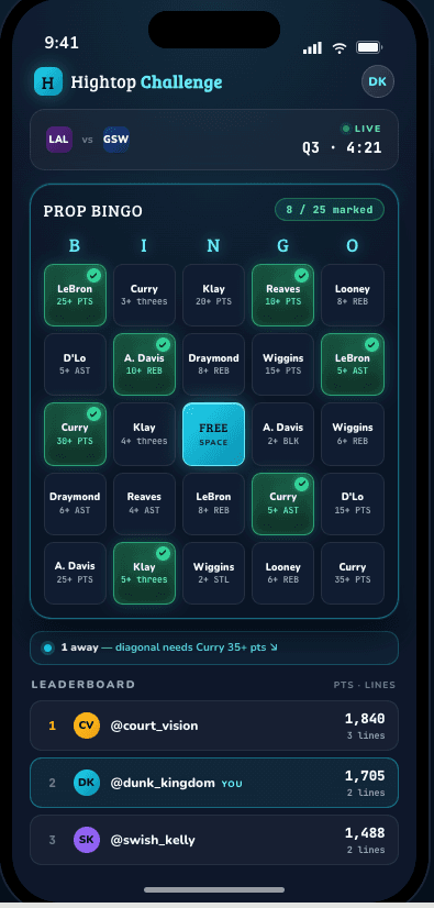 Prop Bingo card during a live NBA game